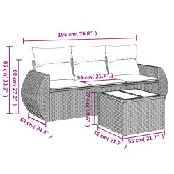 Salon de jardin 4 pcs avec coussins gris résine tressée 