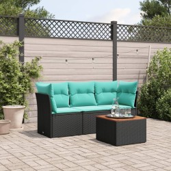 Salon de jardin 4 pcs avec coussins noir résine tressée 