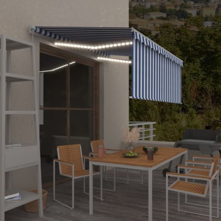 Auvent rétractable manuel avec store LED 3,5x2,5m Bleu et blanc   
