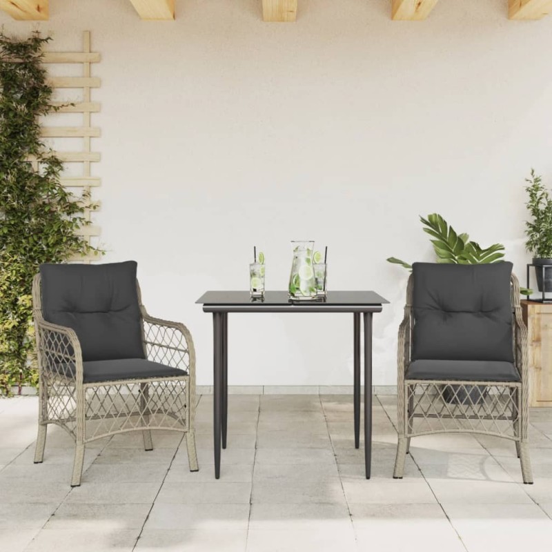 Ensemble de bistro 3 pcs et coussins gris clair résine tressée 