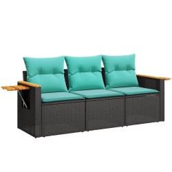 Salon de jardin 3 pcs avec coussins noir résine tressée 
