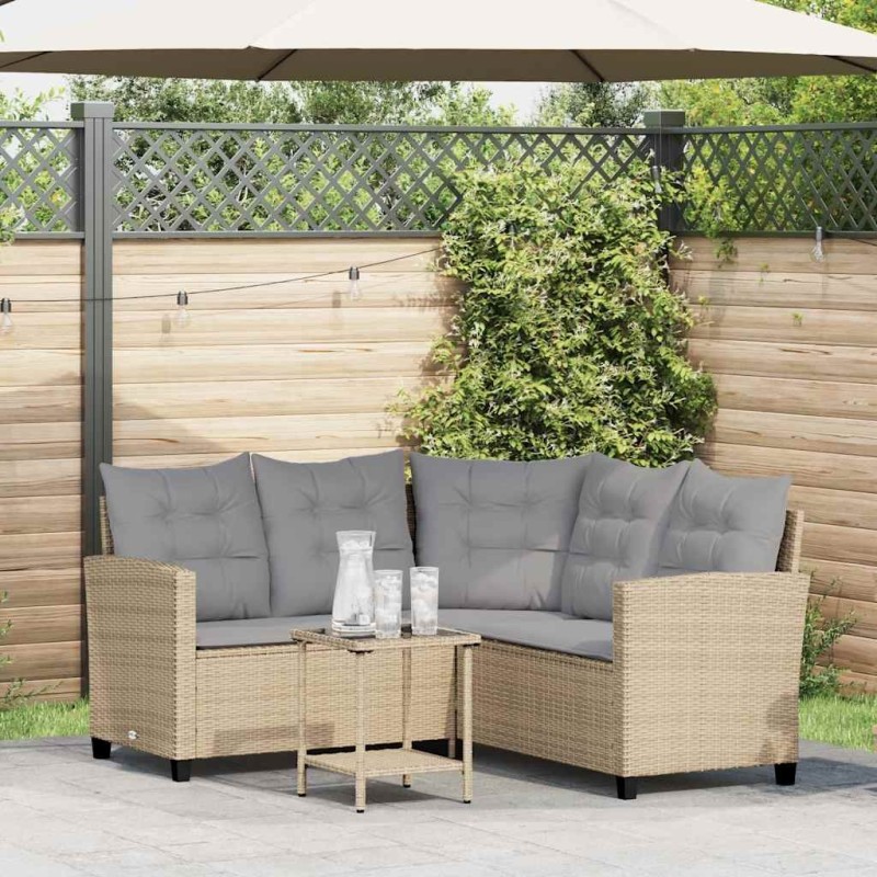 Canapé de jardin avec table et coussins en forme de L beige 
