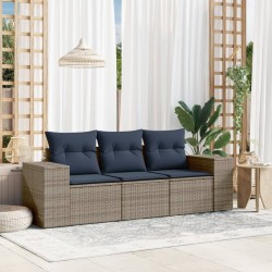 Salon de jardin avec coussins 3 pcs gris résine tressée 