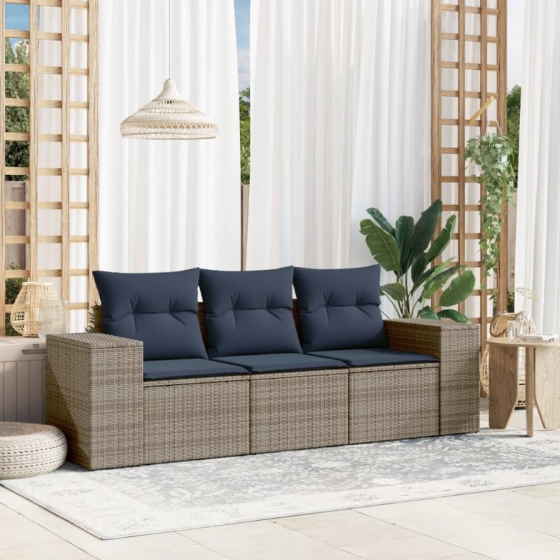 Salon de jardin avec coussins 3 pcs gris résine tressée 
