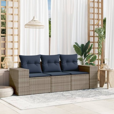 Salon de jardin avec coussins 3 pcs gris résine tressée 