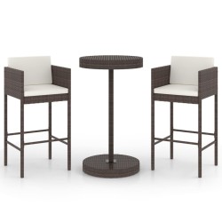 Meubles de bar de jardin 3pcs et coussins Résine tressée Marron 