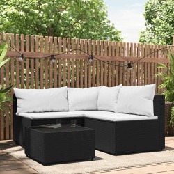 Salon de jardin 4 pcs avec coussins Noir Résine tressée 