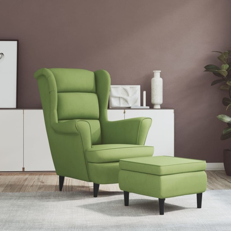 Fauteuil à oreilles avec tabouret vert clair velours 
