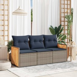 Salon de jardin avec coussins 3 pcs gris résine tressée 
