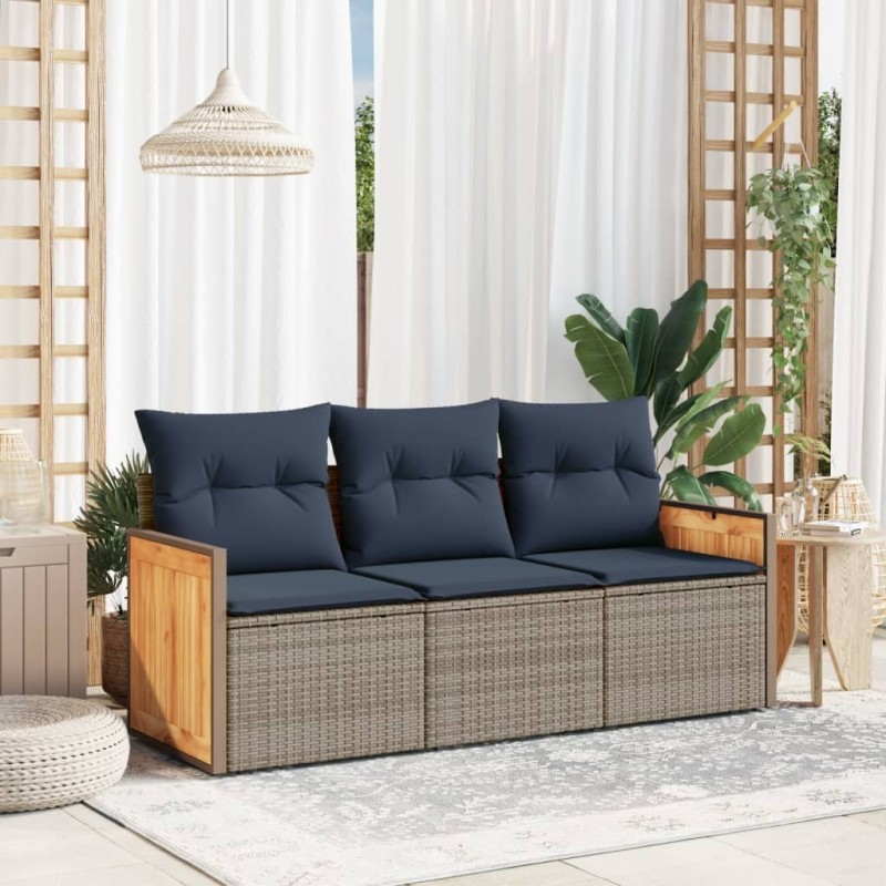 Salon de jardin avec coussins 3 pcs gris résine tressée 