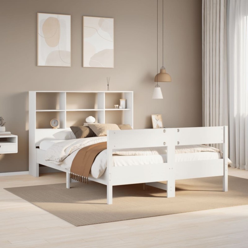 Lit bibliothèque sans matelas blanc 135x190 cm bois pin massif 
