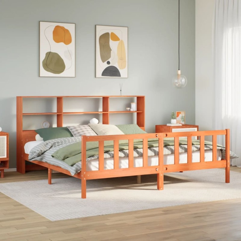 Lit bibliothèque sans matelas cire marron 180x200cm bois massif 