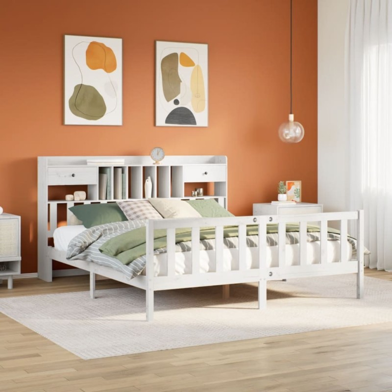 Lit bibliothèque sans matelas blanc 200x200 cm bois pin massif 