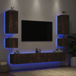 Meuble TV muraux 6 pcs avec lumières LED chêne fumé 