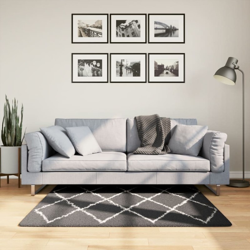 Tapis shaggy à poils longs moderne noir et crème 120x120 cm 