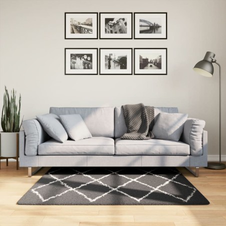 Tapis shaggy à poils longs moderne noir et crème 120x120 cm 