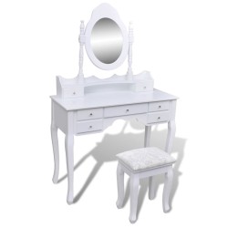 Coiffeuse avec miroir et tabouret 7 tiroirs Blanc   