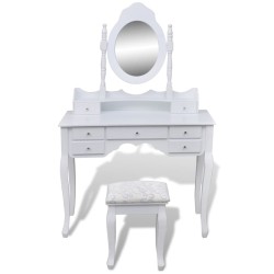 Coiffeuse avec miroir et tabouret 7 tiroirs Blanc   