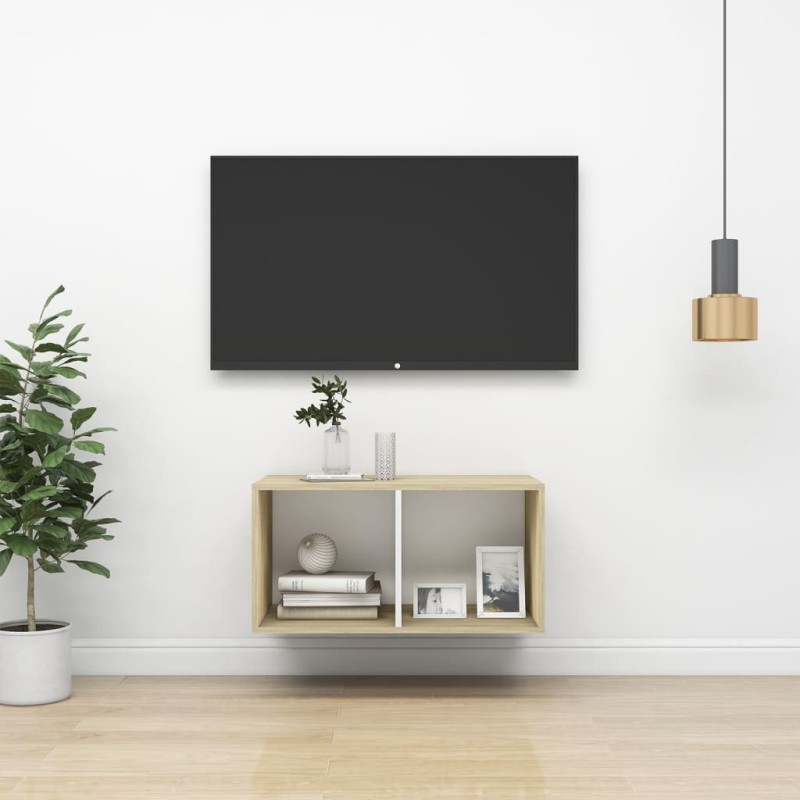 Meuble TV mural Chêne sonoma et blanc Bois d’ingénierie Meuble TV mural Chêne sonoma et blanc Bois d’ingénierie