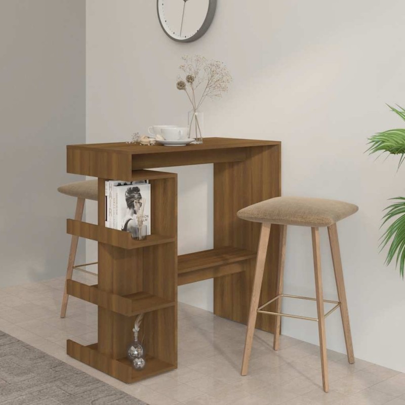 Table de bar étagère de rangement chêne marron bois ingénierie Table de bar étagère de rangement chêne marron bois ingénierie