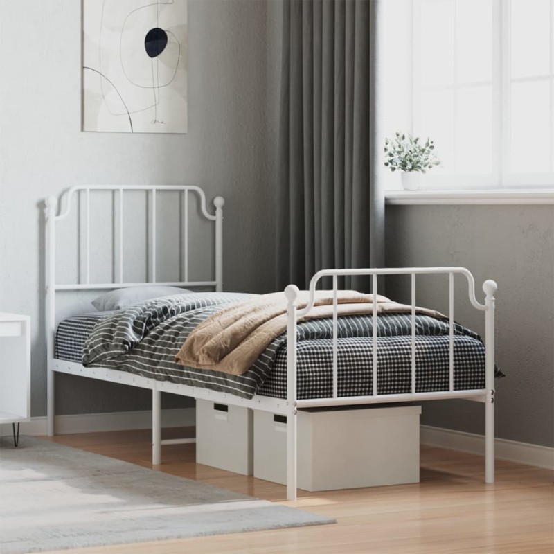 Cadre de lit métal sans matelas avec pied de lit blanc 75x190cm 