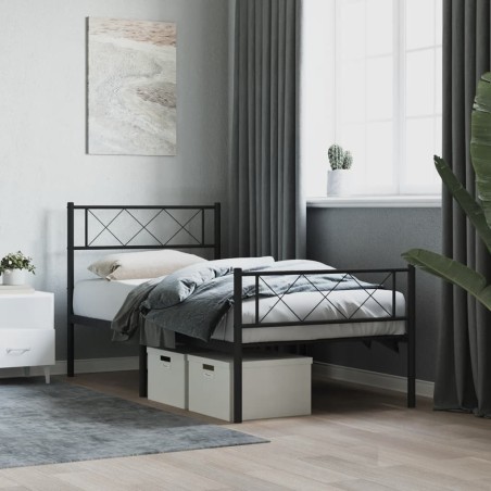 Cadre de lit métal sans matelas avec pied de lit noir 107x203cm 