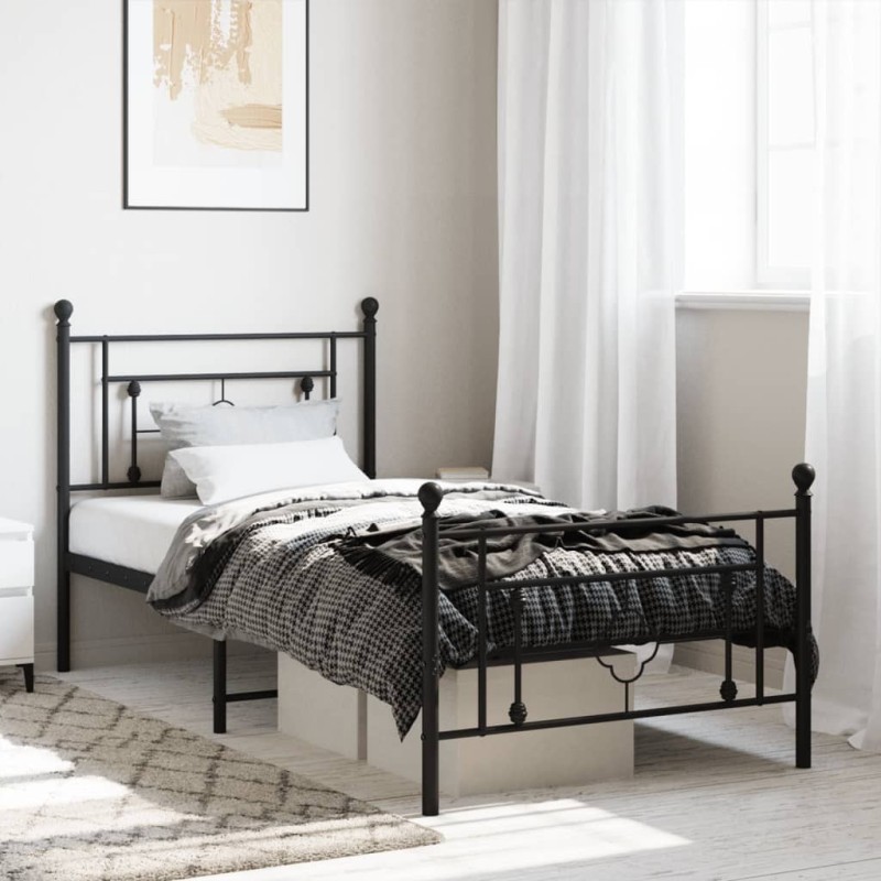 Cadre de lit métal sans matelas avec pied de lit noir 90x190 cm 