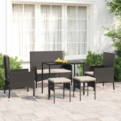 Salon de jardin 6 pcs avec coussins Noir Résine tressée 