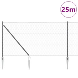 Clôture hexagonalegrise 1,4x25 m acier, Poteaux de clôtureavec pointe 13 pcs Ø32 mm 160 cm en acier galvanisé 