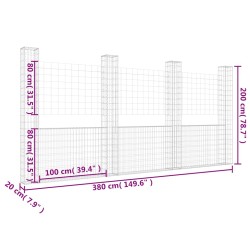 Panier de gabion en forme de U avec 4 poteaux Fer 380x20x200 cm 
