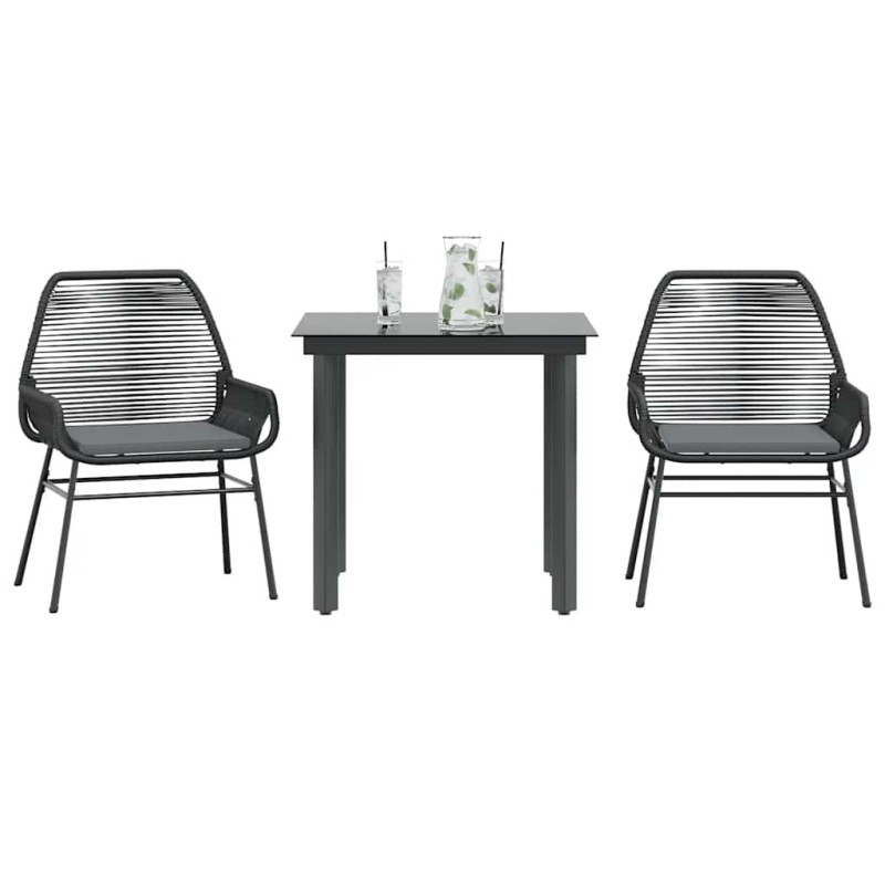 Ensemble à manger de jardin et coussins 3 pcs noir rotin verre 