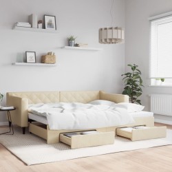 Lit de jour avec gigogne et tiroirs sans matelas crème 90x200cm 