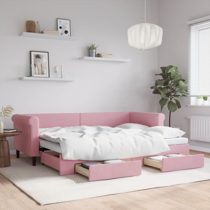 Lit de jour avec gigogne et tiroirs sans matelas rose 80x200 cm 