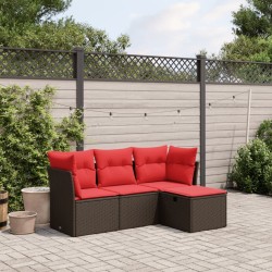 Salon de jardin 4 pcs avec coussins marron résine tressée 