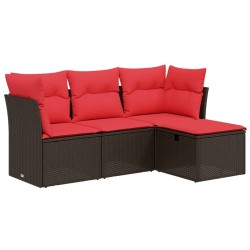 Salon de jardin 4 pcs avec coussins marron résine tressée 