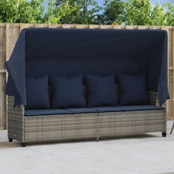 Chaise longue avec auvent et coussins gris résine tressée 