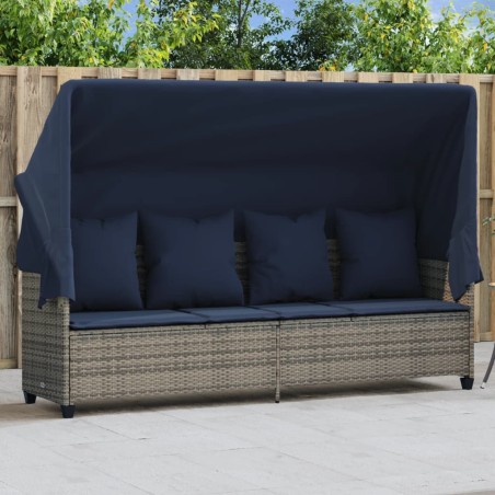 Chaise longue avec auvent et coussins gris résine tressée 