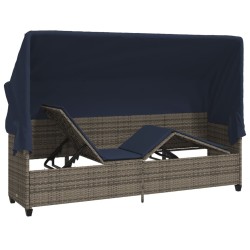 Chaise longue avec auvent et coussins gris résine tressée 
