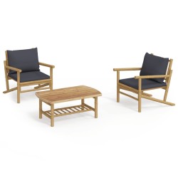 Salon de jardin 3 pcs avec coussins gris foncé bambou 