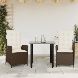 Ensemble à manger de jardin 3 pcs et coussins marron poly rotin 