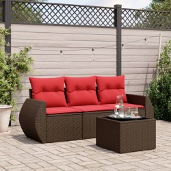 Salon de jardin 4 pcs avec coussins marron résine tressée 