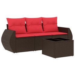 Salon de jardin 4 pcs avec coussins marron résine tressée 