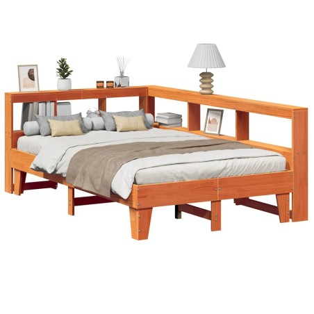 Lit bibliothèque sans matelas cire marron 135x190 cm pin massif 