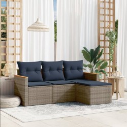 Salon de jardin 4 pcs avec coussins gris résine tressée 