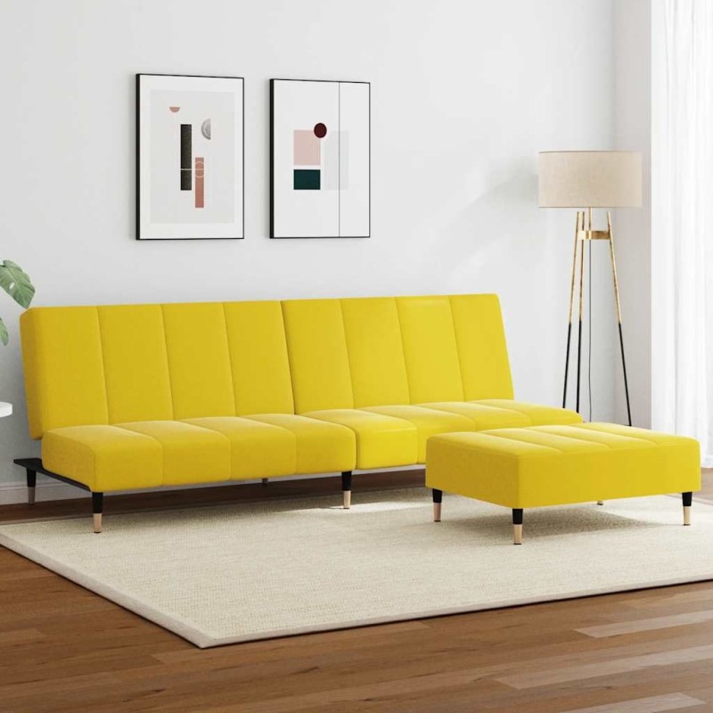 Canapé-lit à 2 places avec repose-pied jaune velours 