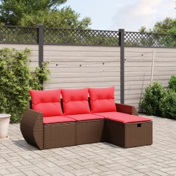 Salon de jardin 4 pcs avec coussins marron résine tressée 