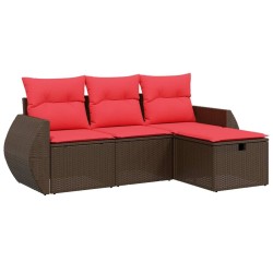 Salon de jardin 4 pcs avec coussins marron résine tressée 