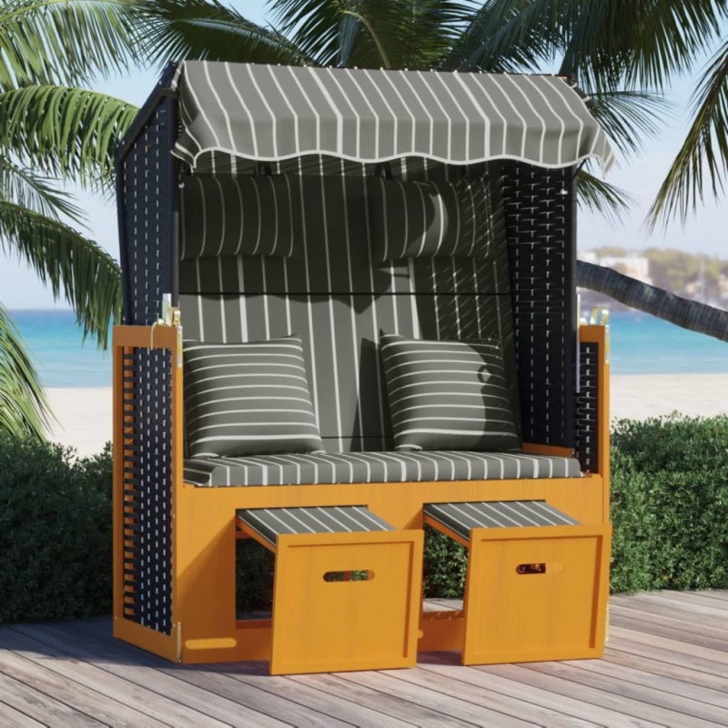 Strandkorb avec coussins Résine tressée bois solide Noir gris 
