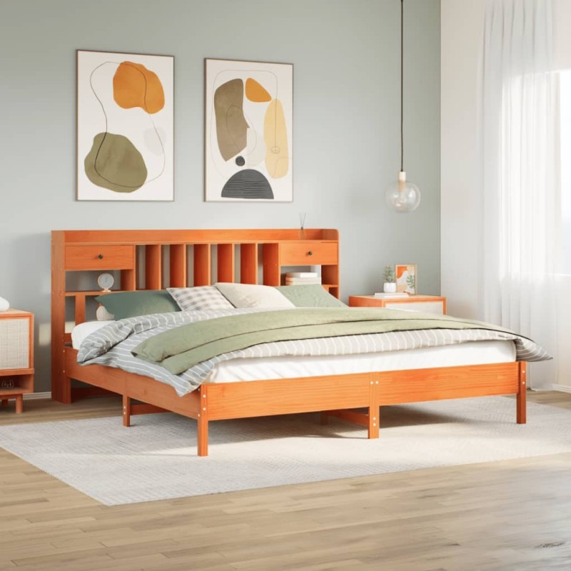 Lit bibliothèque sans matelas cire marron 200x200 cm pin massif 