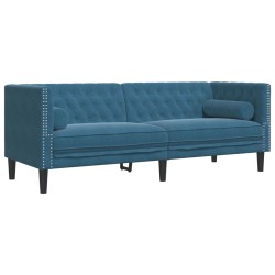 Canapé Chesterfield avec traversins 3 places bleu velours 
